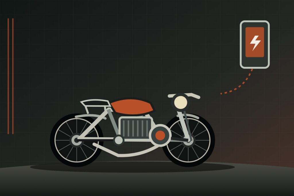 Ilustración conceptual de una café racer eléctrica junto a una batería de carga