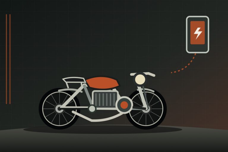 Ilustración conceptual de una café racer eléctrica junto a una batería de carga
